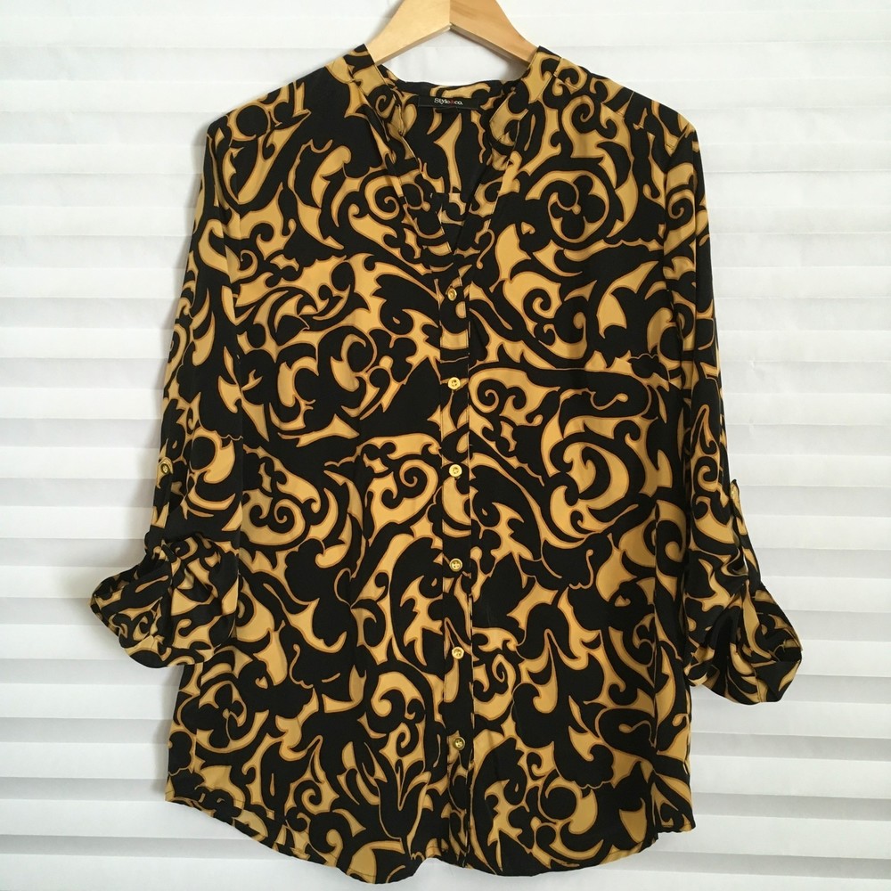 Style&Co Women Button Down Shirt Top Size L Long Tab Sleeve Yellow Black Pattern